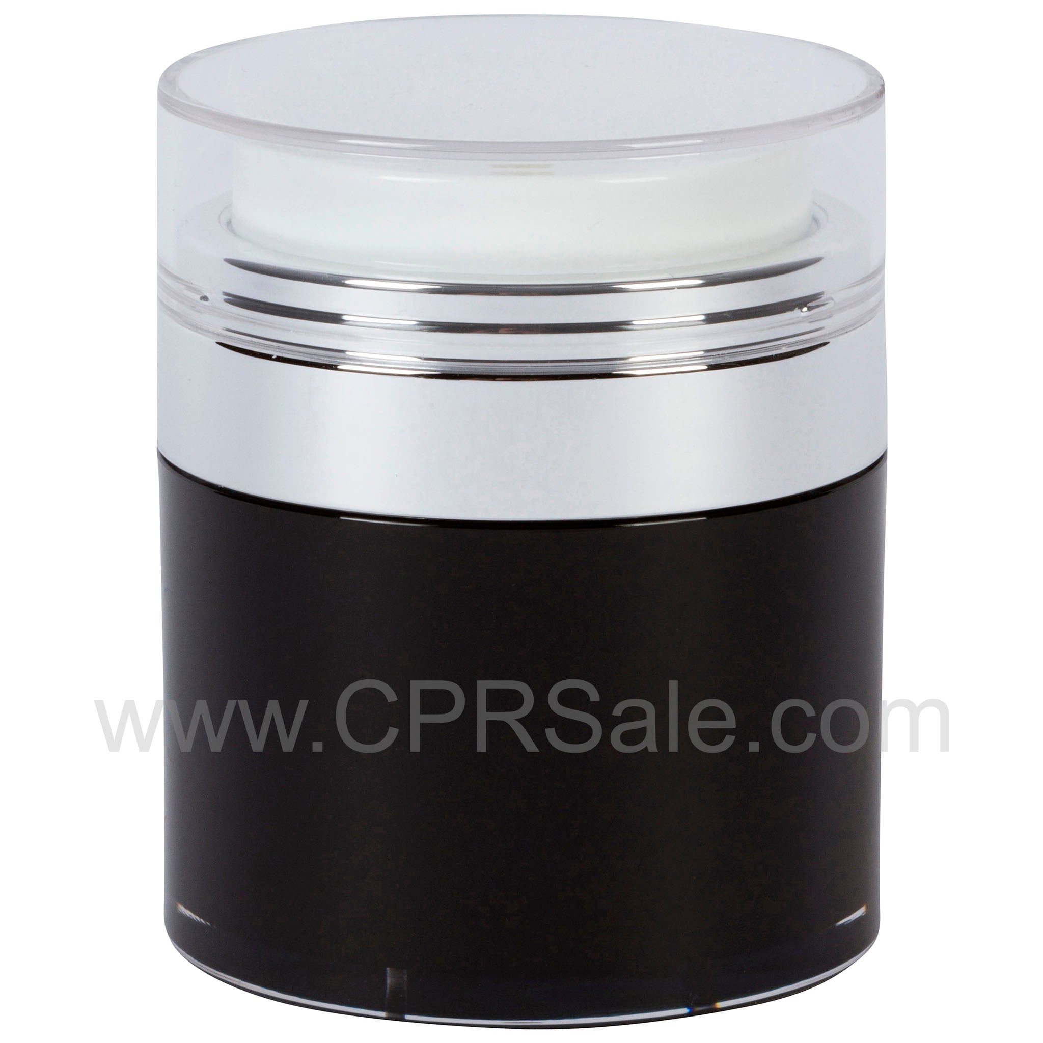 Airless Jar, Clear Cap, Shiny Silver Collar, Black Body, PP Inner Cup, 50 mL