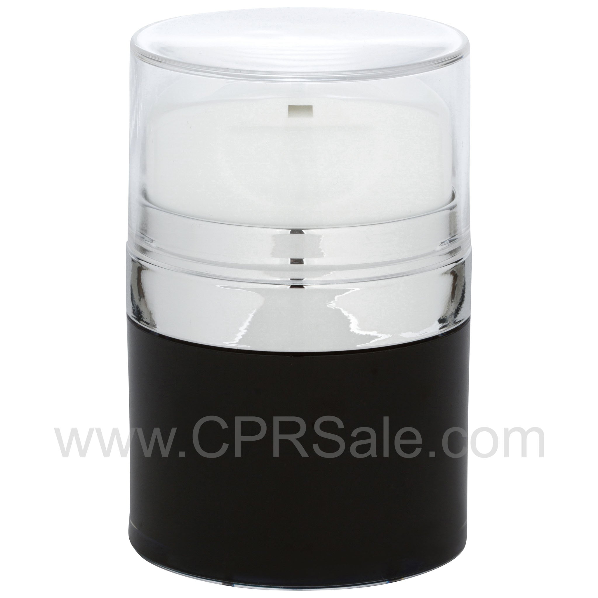 Airless Jar, Clear Cap, Tall White Pump, Shiny Silver Collar, Black Body, PP Inner Cup, 30 mL