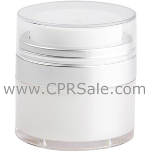 Airless Jar, Clear Cap, Matte Silver Collar, Pearl Body, PP Inner Cup, 15 mL