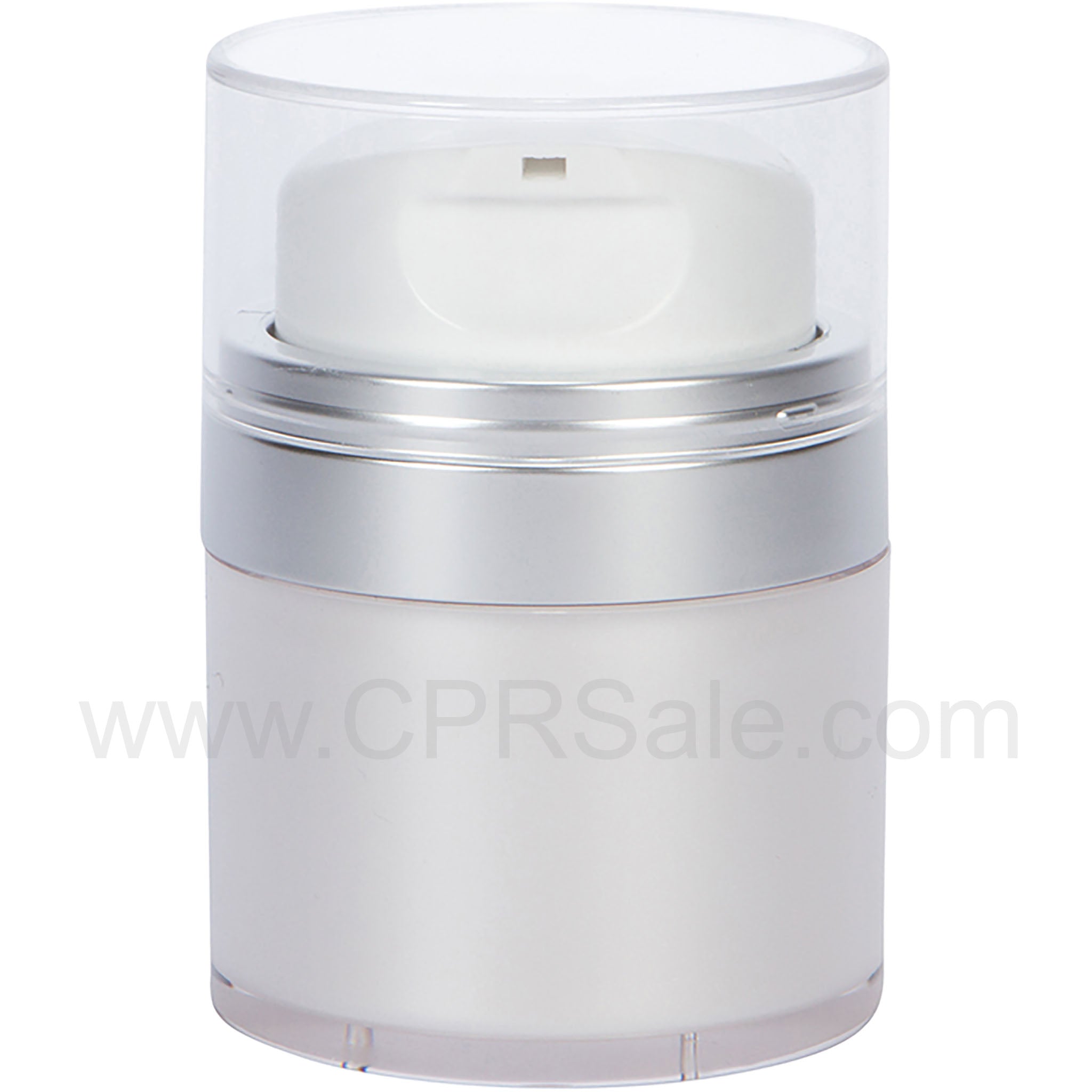 Airless Jar, Clear Cap, with Tall White Pump, Matte Silver Collar, Pearl Body, 50 mL