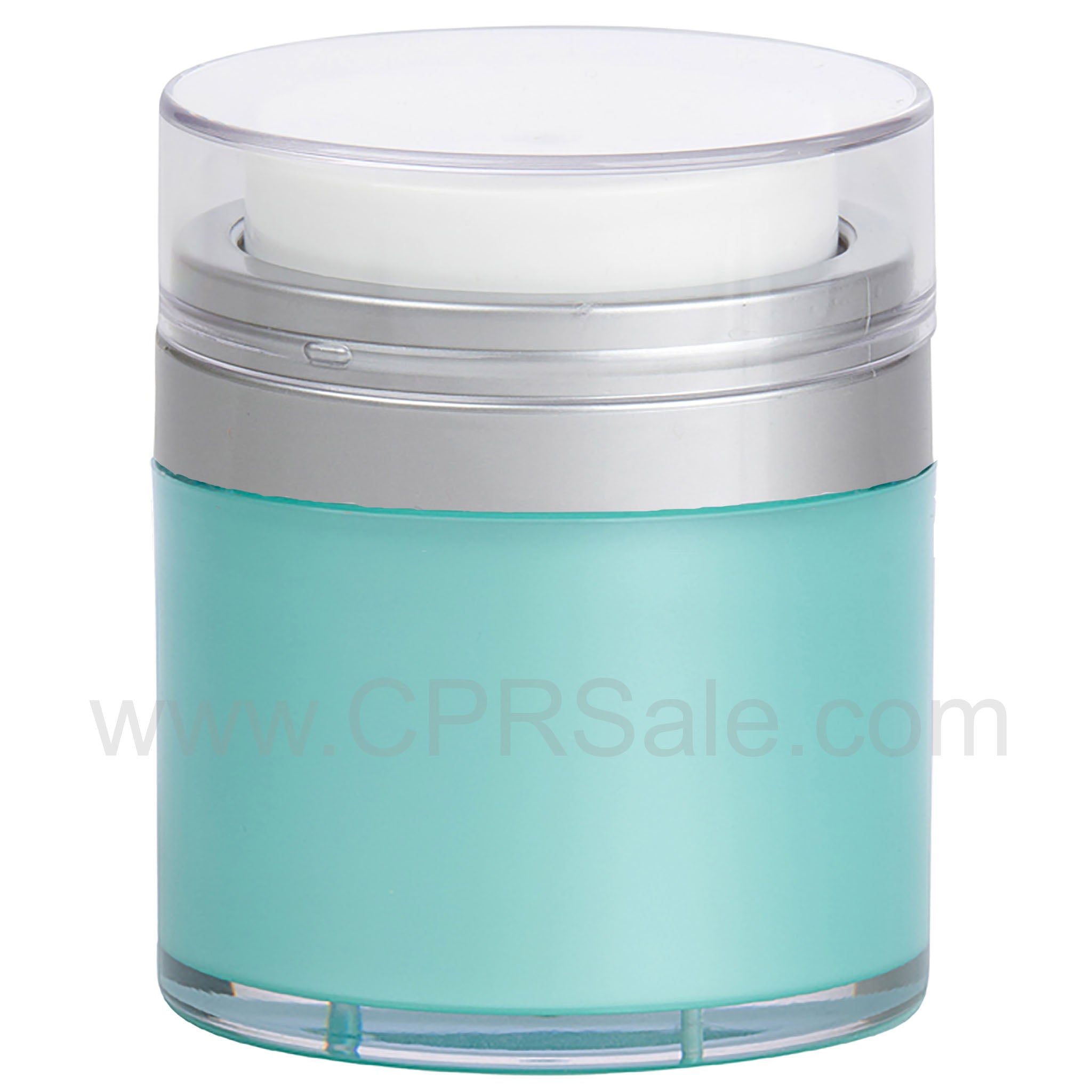 Airless Jar, Clear Cap, Matte Silver Collar, Teal Blue Body, PP Inner Cup, 50 mL