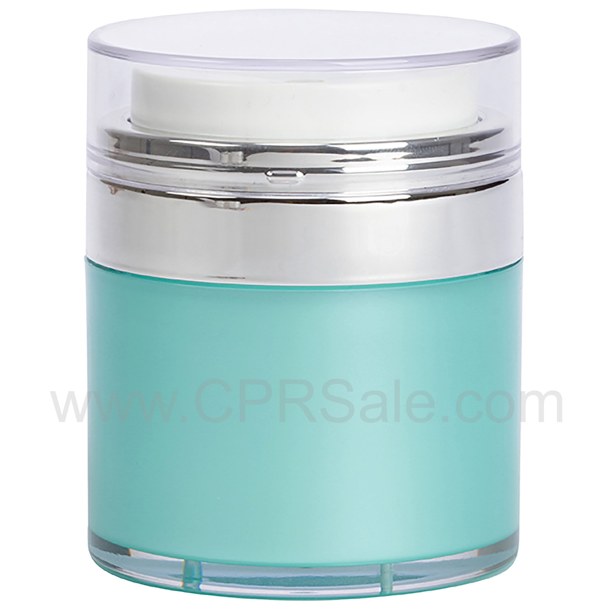 Airless Jar, Clear Cap, Shiny Silver Collar, Teal Blue Body, PP Inner Cup, 30 mL