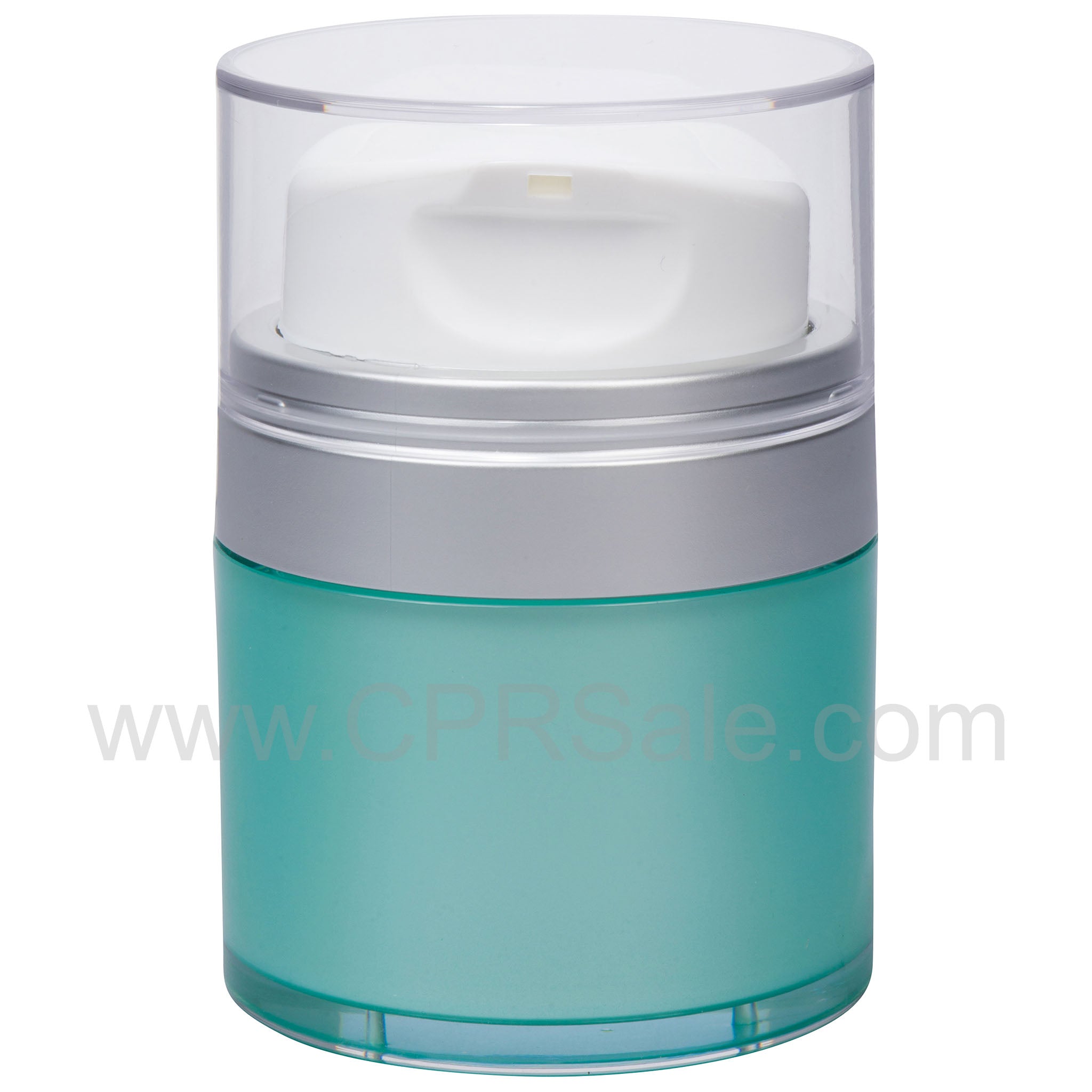 Airless Jar, Clear Cap, Tall White Pump, Matte Silver Collar, Teal Blue Body, 30 mL