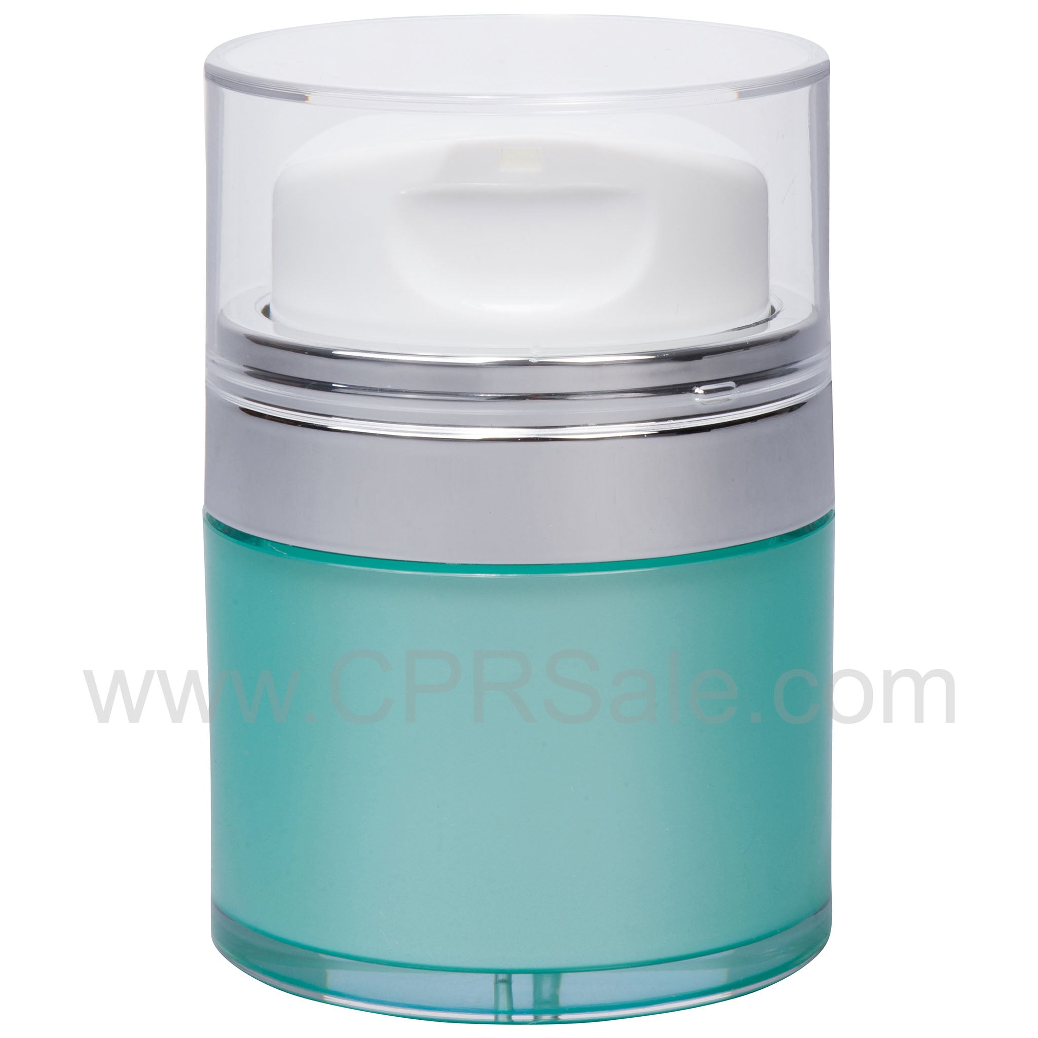 Airless Jar, Clear Cap, with Tall White Pump, Shiny Silver Collar, Teal Blue Body, 50 mL