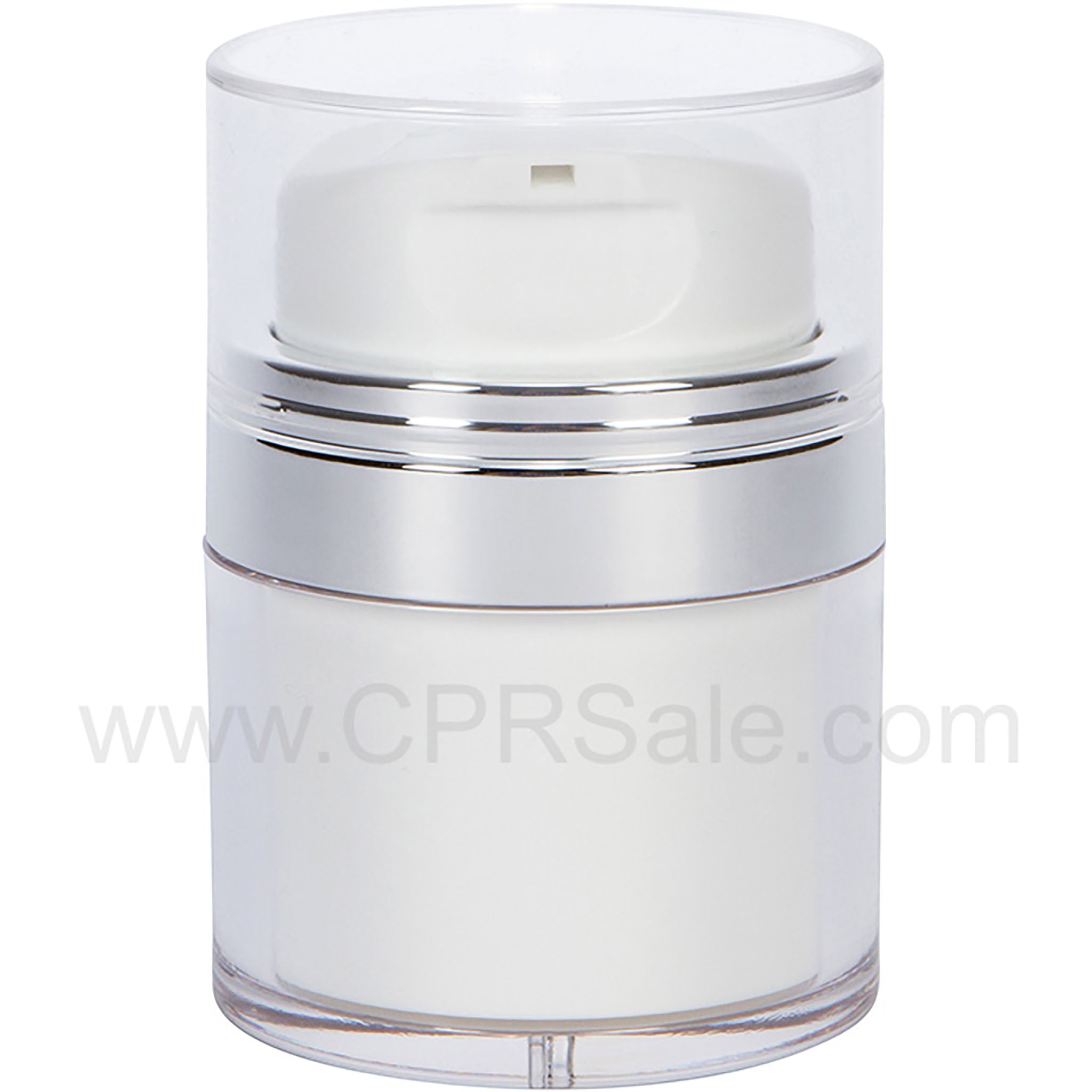 Airless Jar, Clear Cap, with Tall White Pump, Shiny Silver Collar, PP Inner Cup, 15 mL