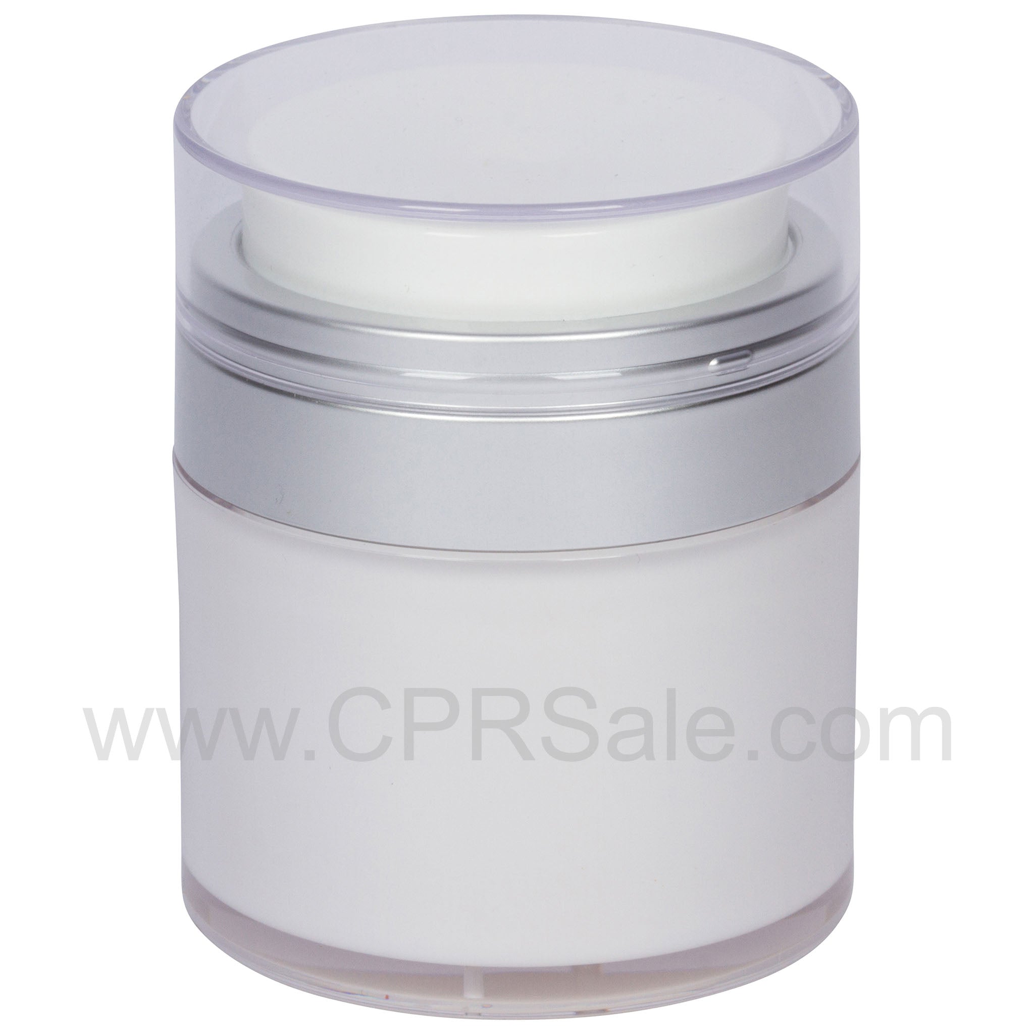 Airless Jar, Clear Cap, Matte Silver Collar, Opaque White Body, 30 mL