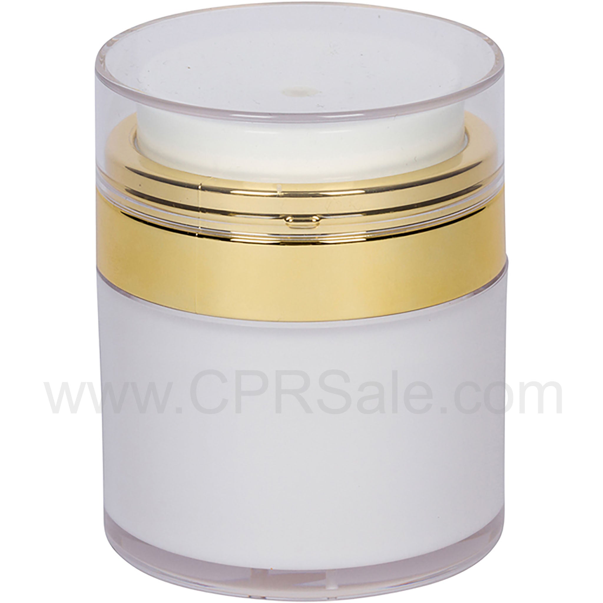 Airless Jar, Clear Cap, Shiny Gold Collar, Opaque White Body, PP Inner Cup, 30 mL