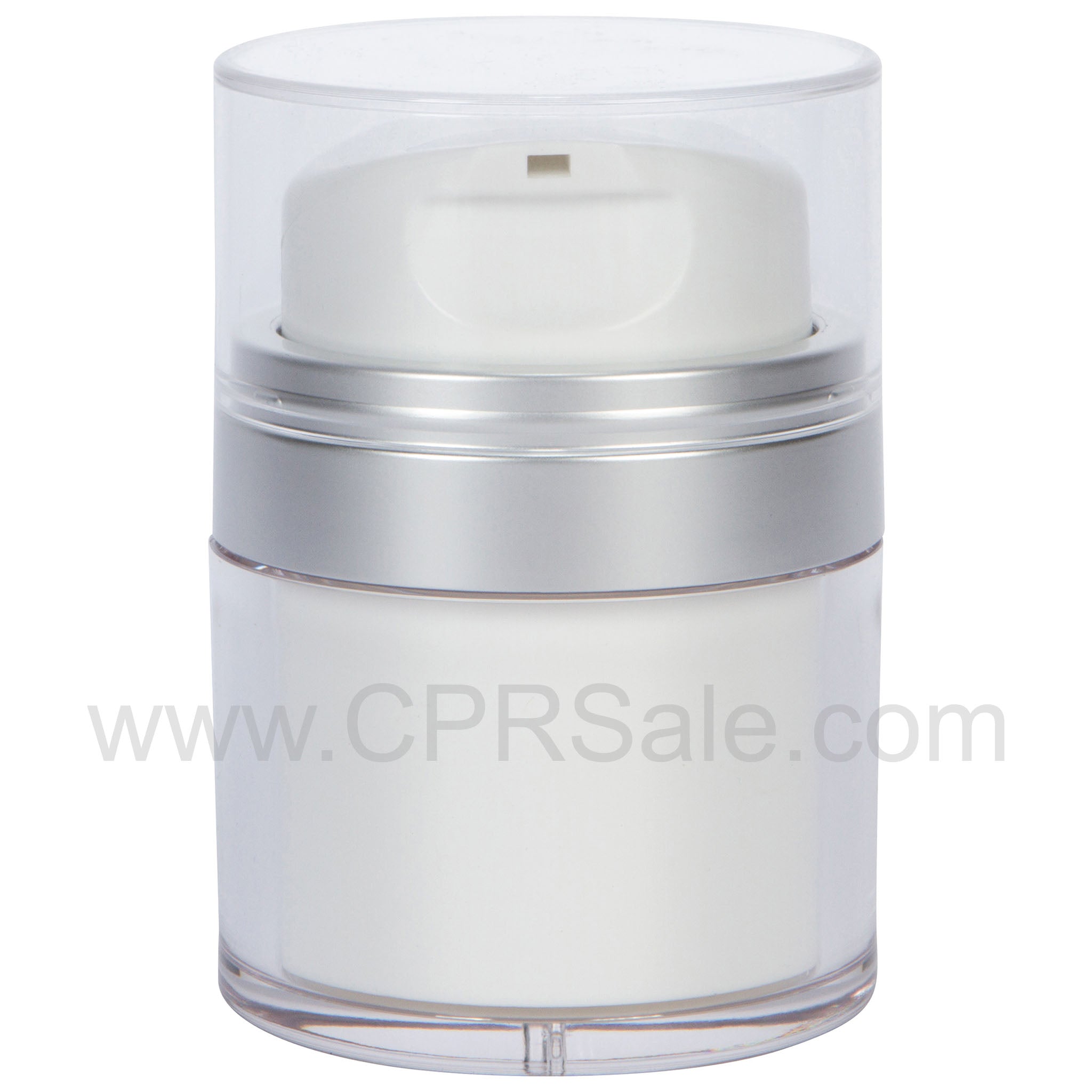 Airless Jar, Clear Cap, with Tall White Pump, Matte Silver Collar, Opaque White Body, 30 mL