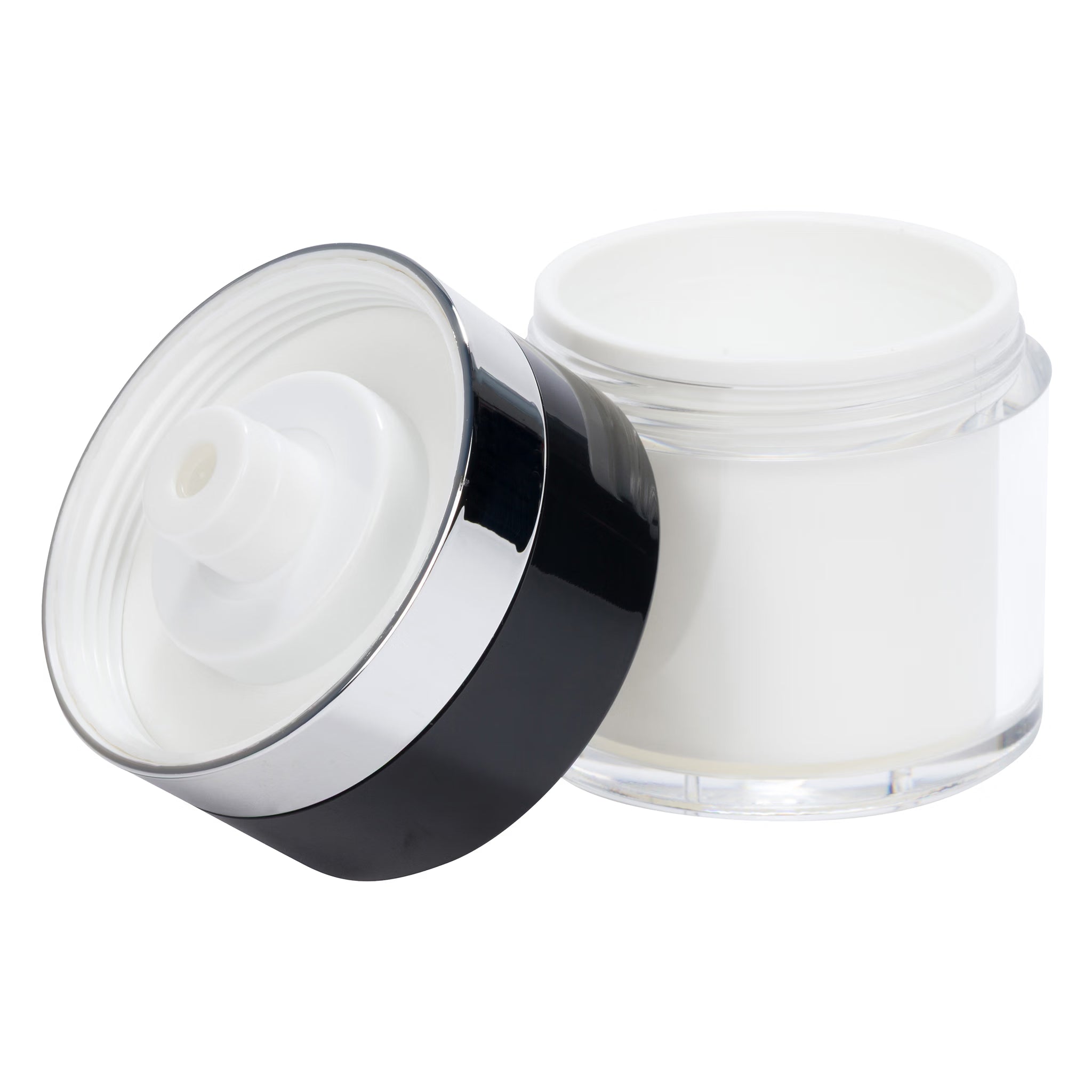 Airless Jar, Black Cap, Shiny Silver Collar, PP Inner Cup, Clear Body 50 mL