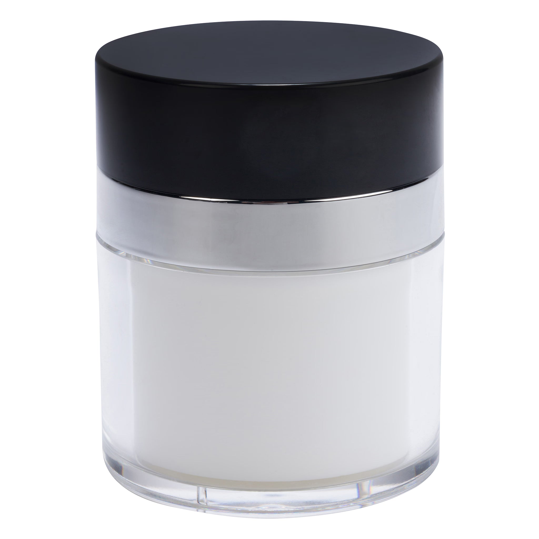 Airless Jar, Black Cap, Shiny Silver Collar, PP Inner Cup, Clear Body 50 mL