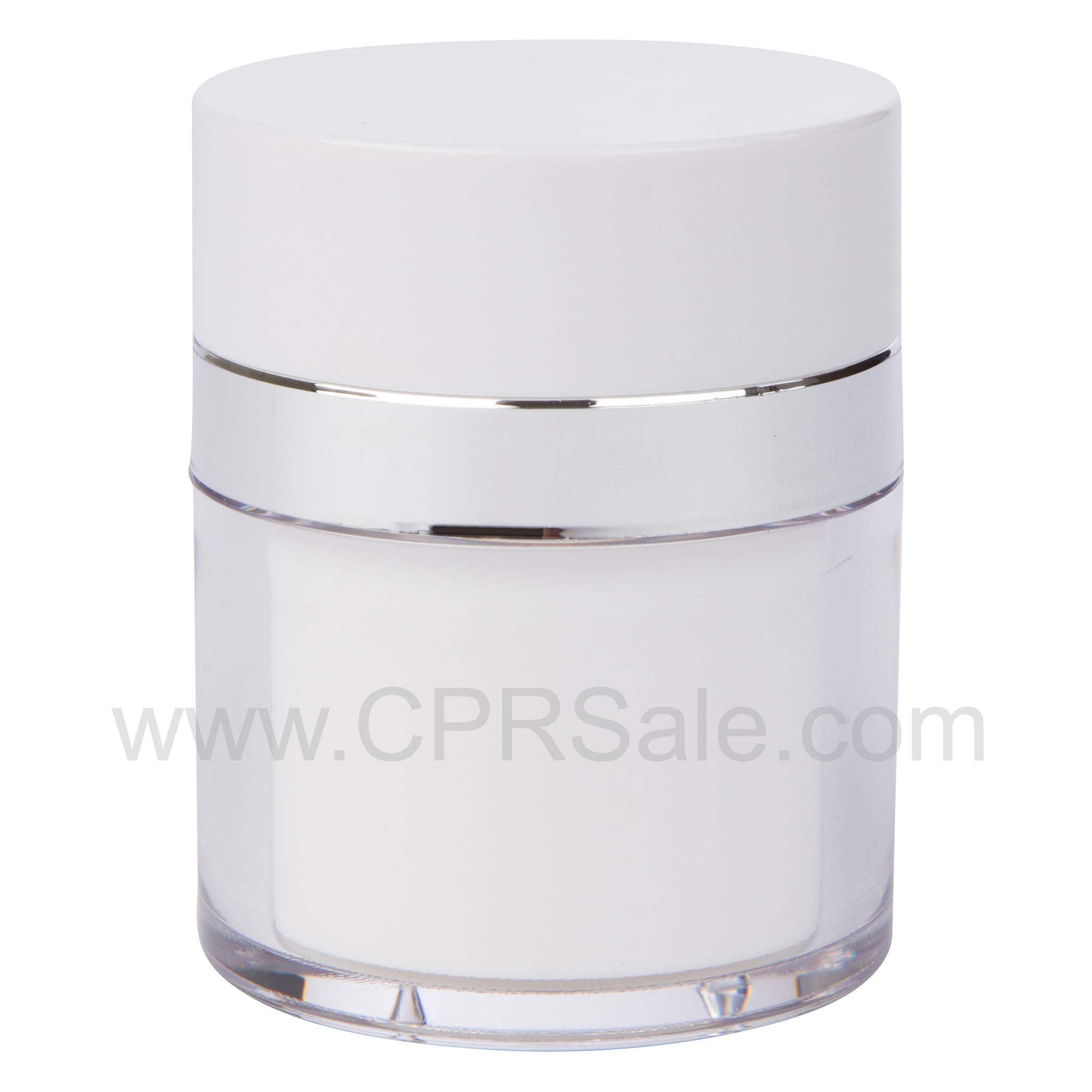 Airless Jar, White Cap, Shiny Silver Collar, PP Inner Cup, 50 mL