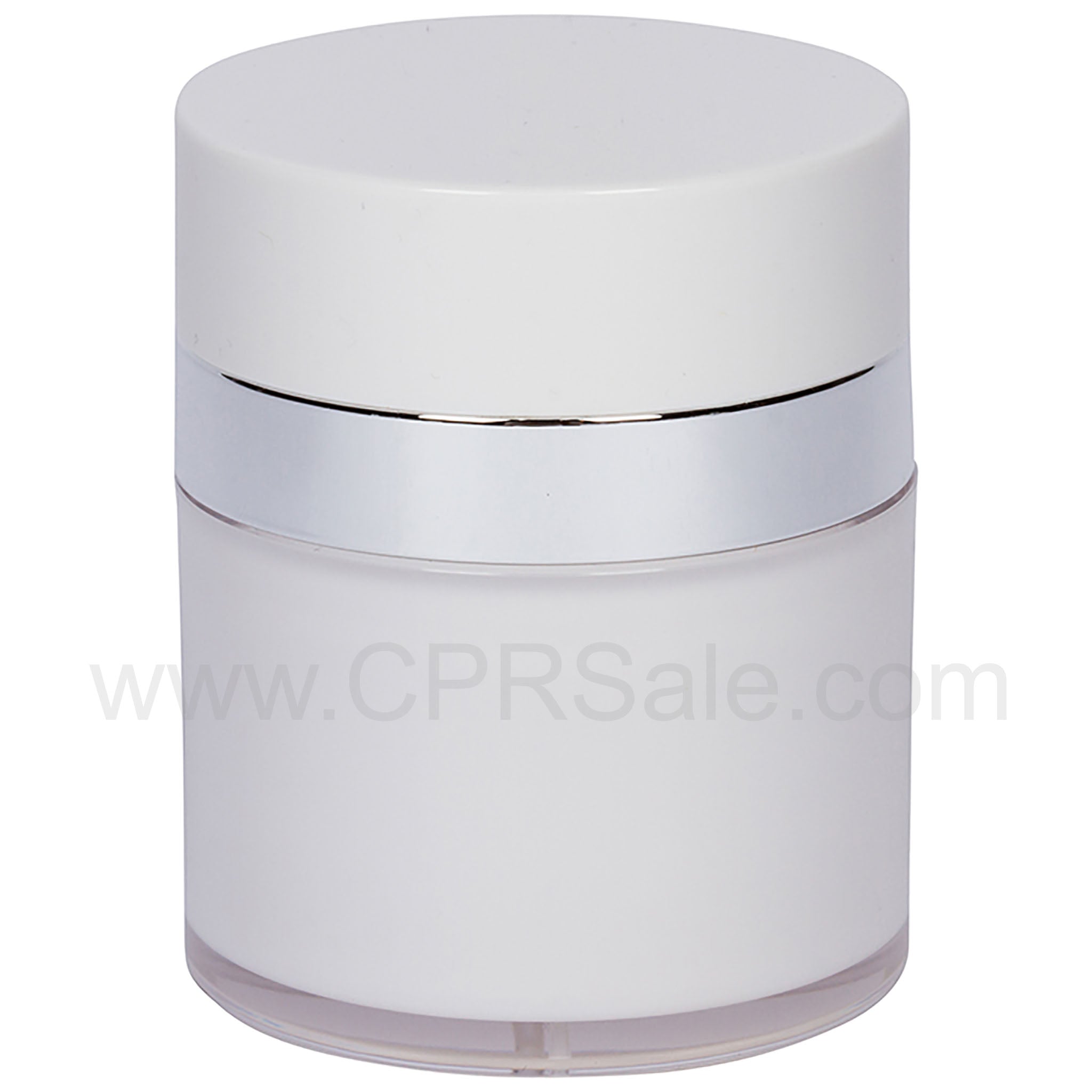 Airless Jar, White Cap, Shiny Silver Collar, Opaque White Body, 30 mL