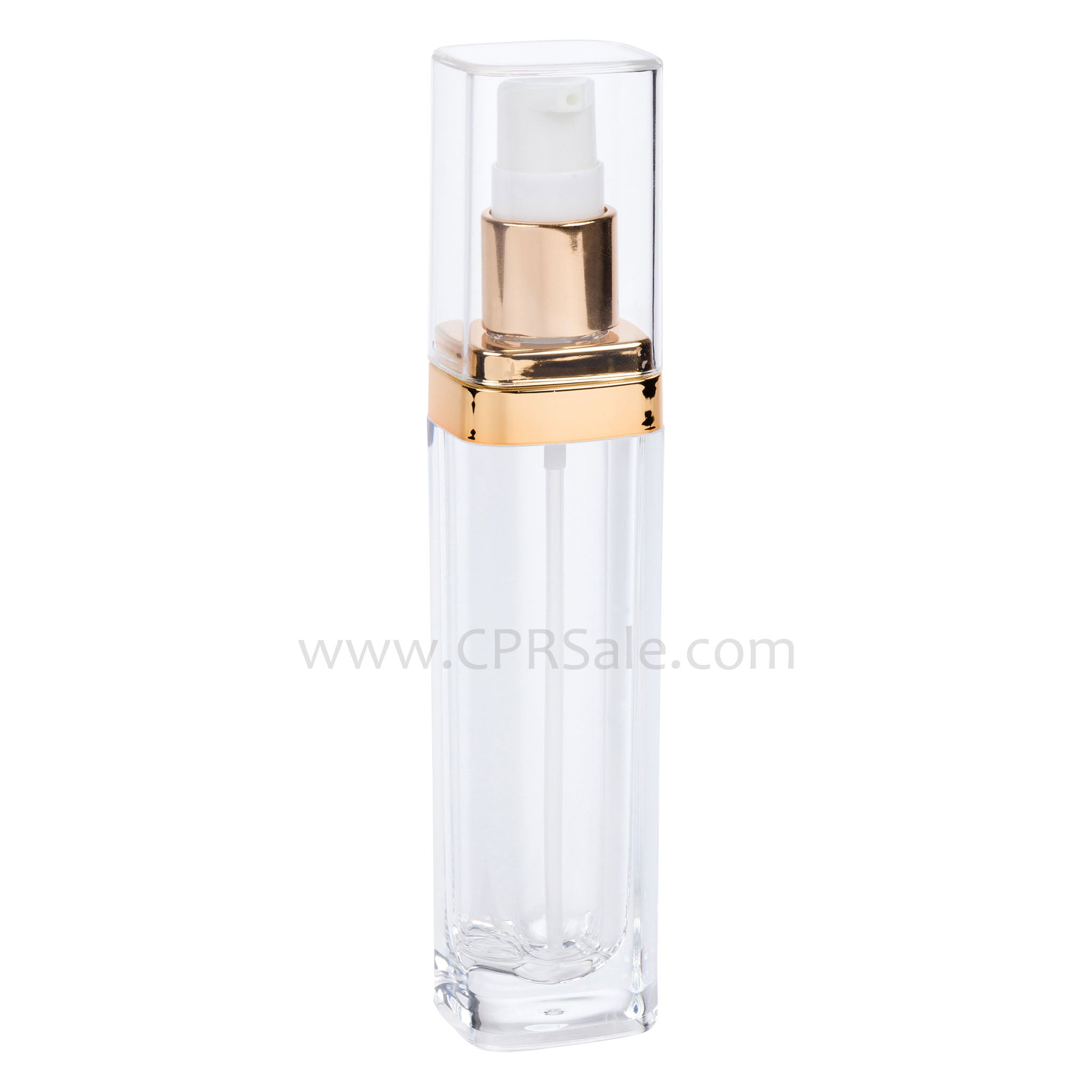 Acrylic Treatment Bottle, Clear Cap, Shiny Gold Collar, Clear Body, Square 30 mL