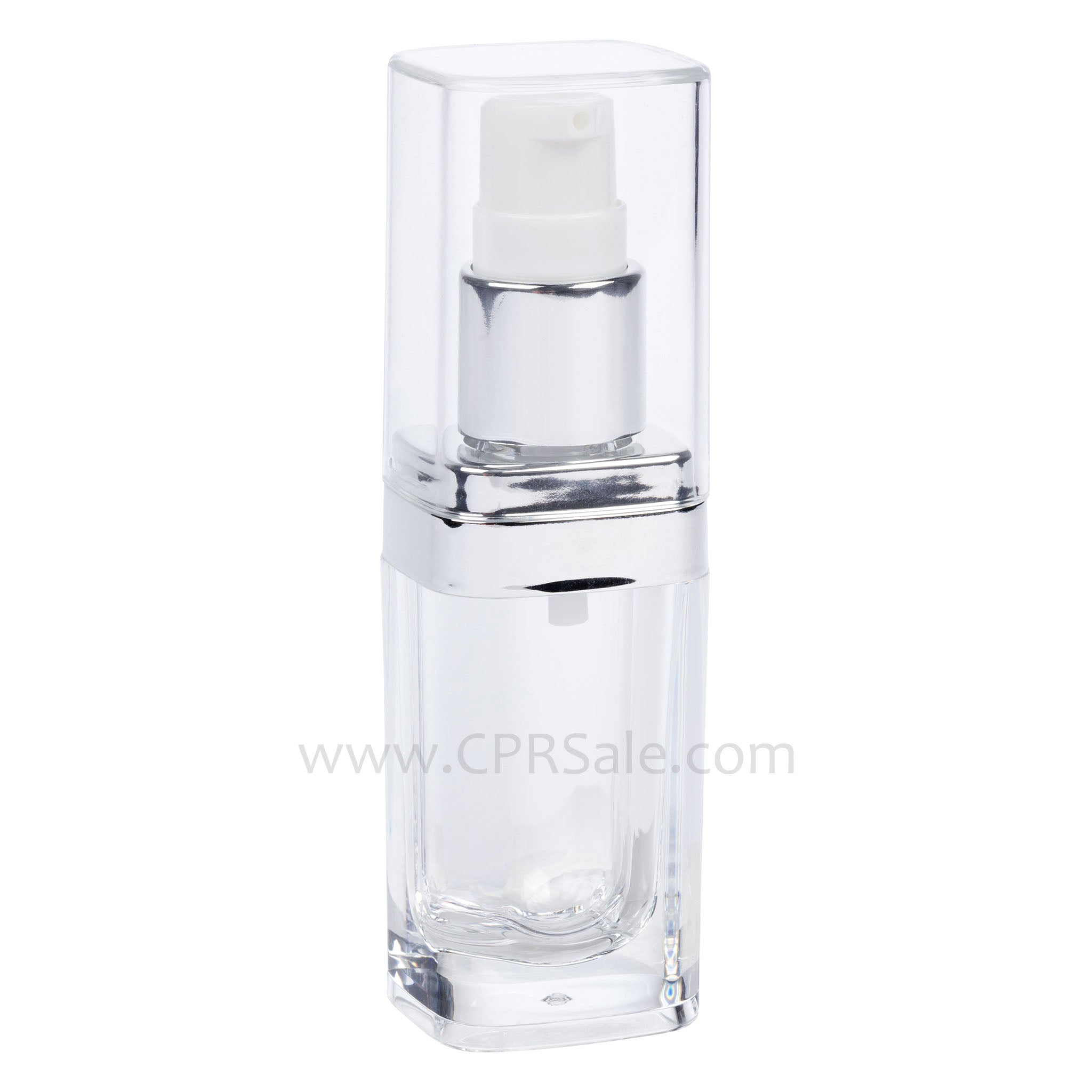 Acrylic Treatment Bottle, Clear Cap, Shiny Silver Collar, Clear Body, Square 15 mL