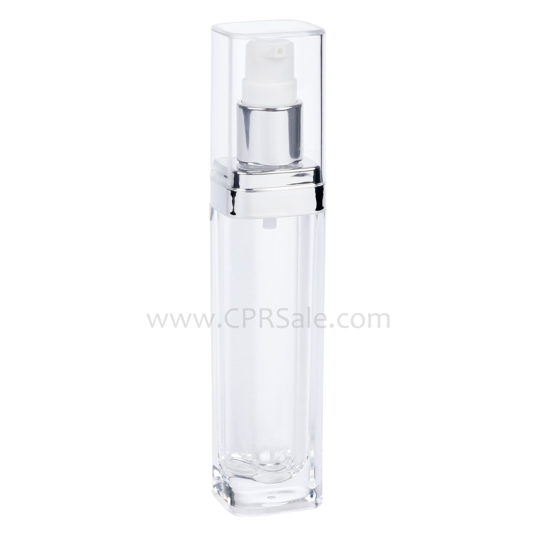 Acrylic Treatment Bottle, Clear Cap, Shiny Silver Collar, Clear Body, Square 30 mL
