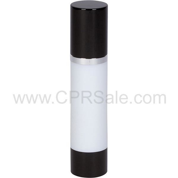 Airless Bottle, Black Cap, Shiny Silver Collar, White Body, 50 mL