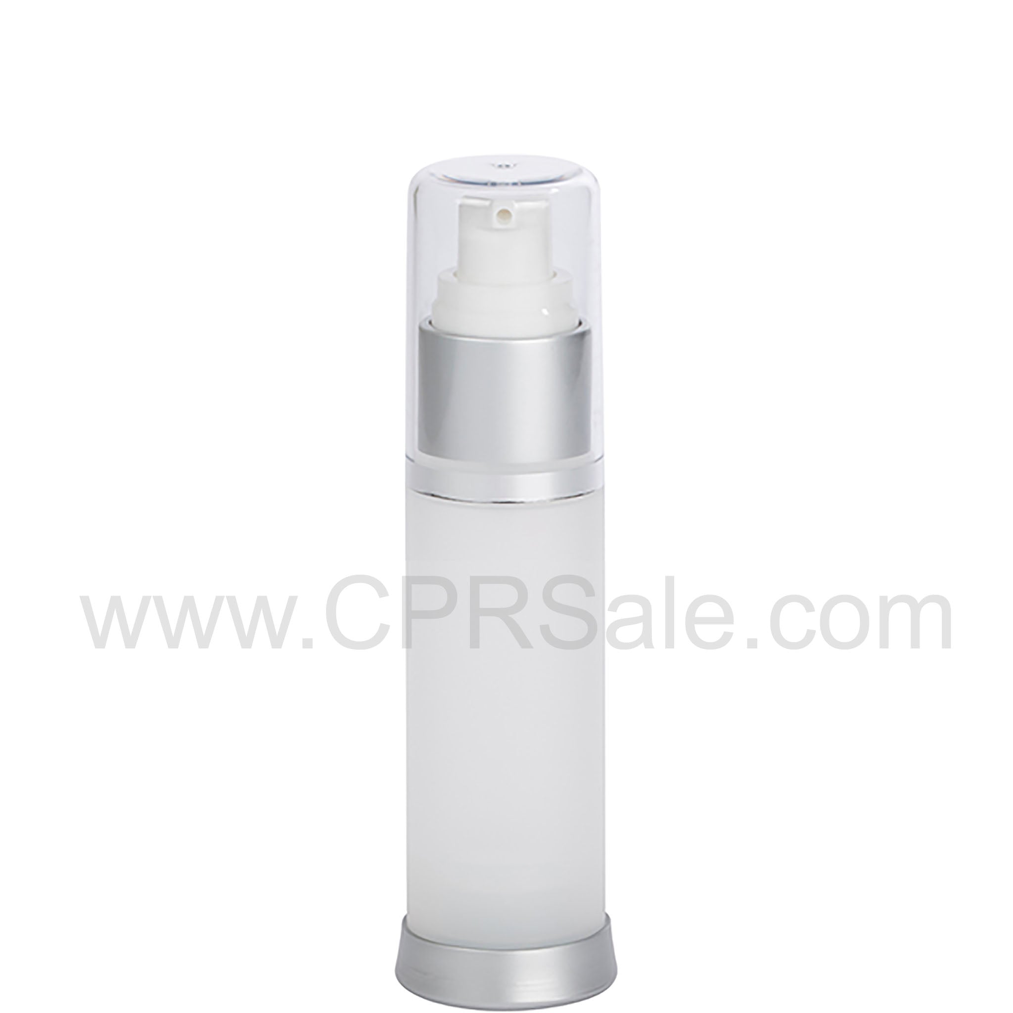 Airless Bottle, Clear Cap, Matte Silver Collar, Frosted Body, 30 mL