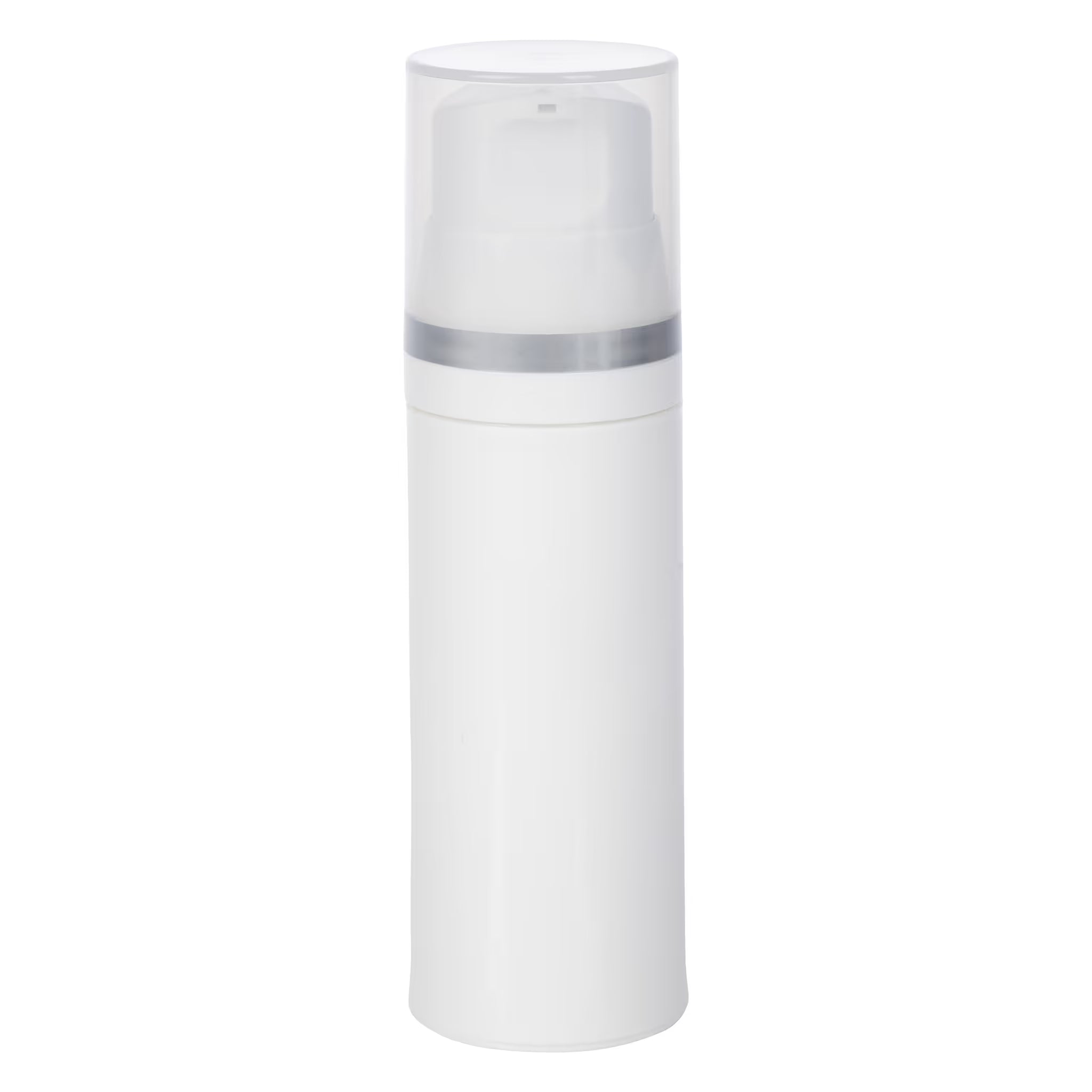 Airless Bottle, Natural Cap with Matte Silver Band, White Pump, White Body, 80mL