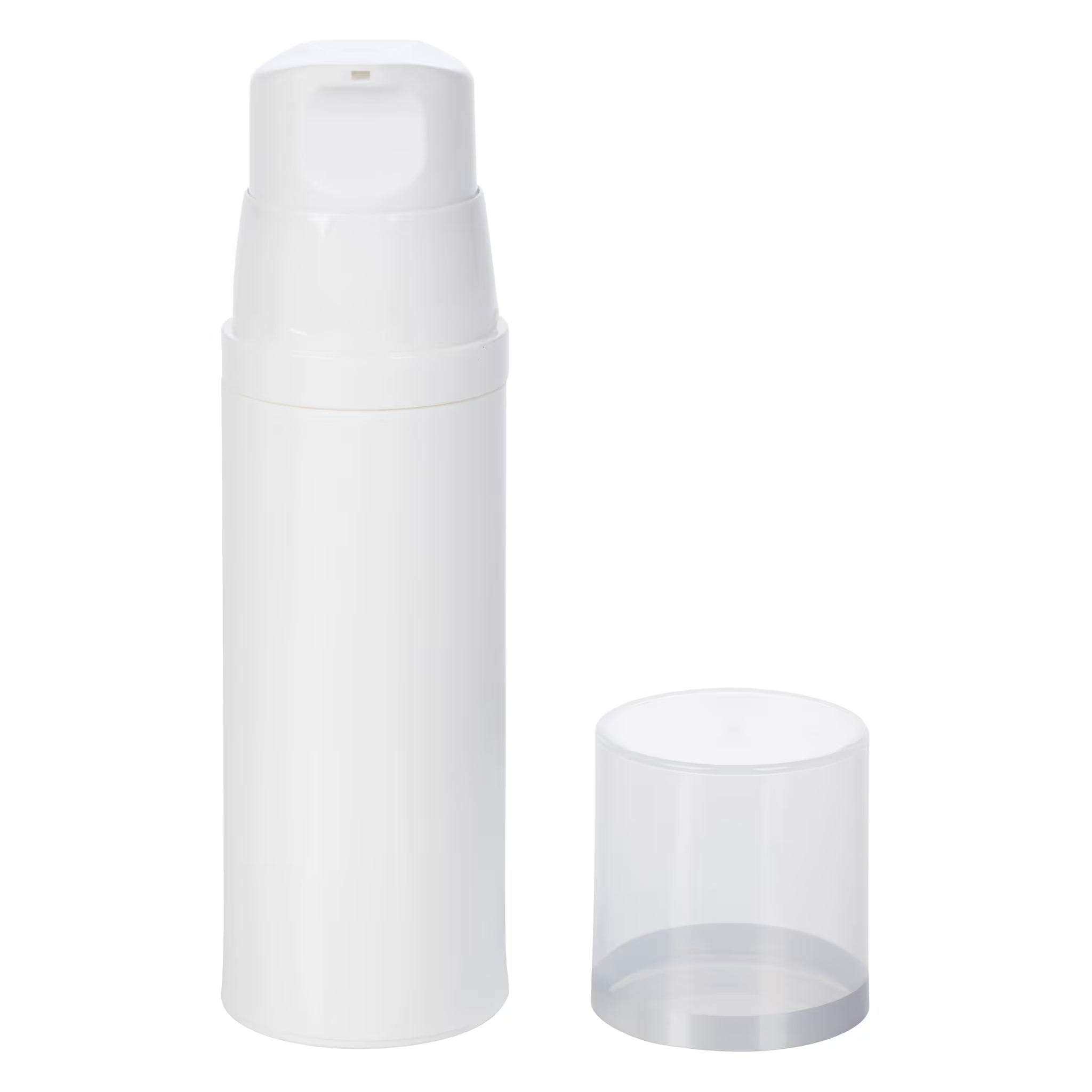 Airless Bottle, Natural Cap with Matte Silver Band, White Pump, White Body, 80mL