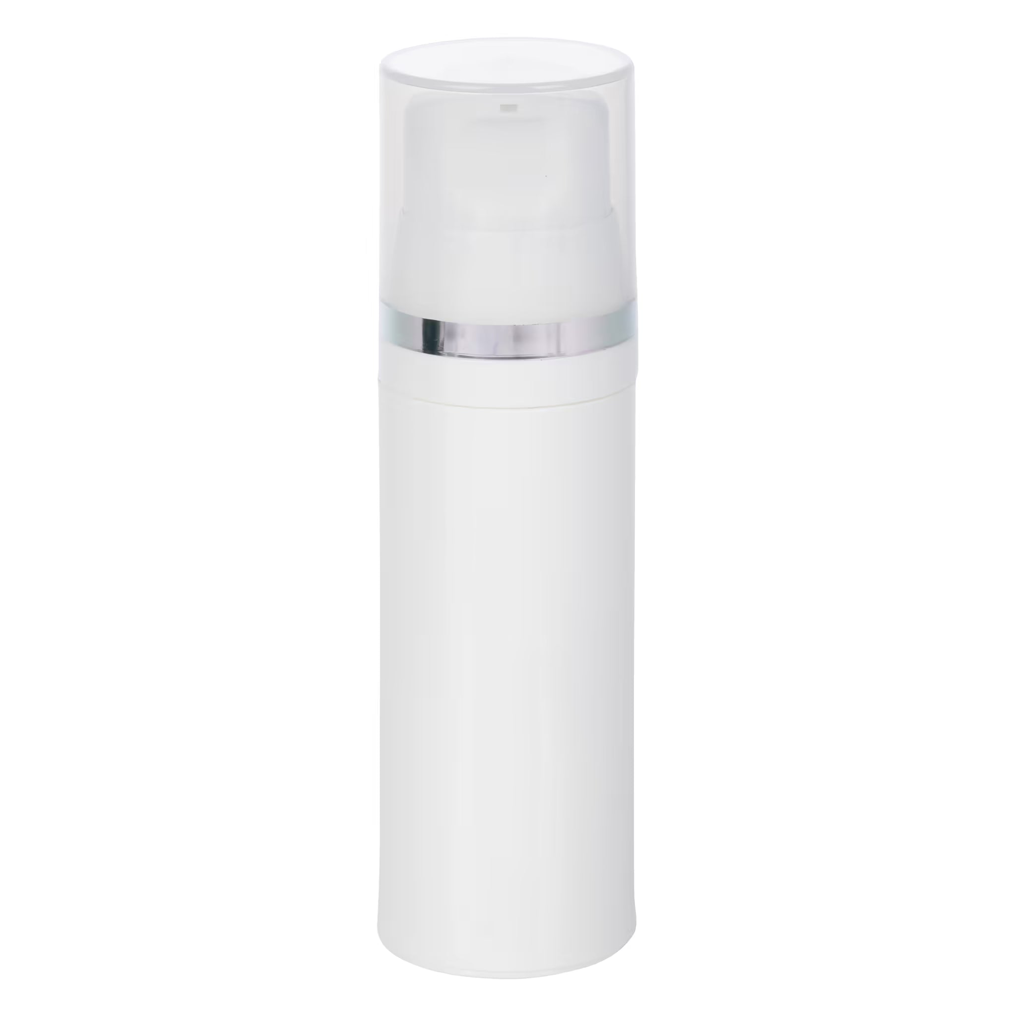 Airless Bottle, Natural Cap with Shiny Silver Band, White Pump, White Body, 80mL