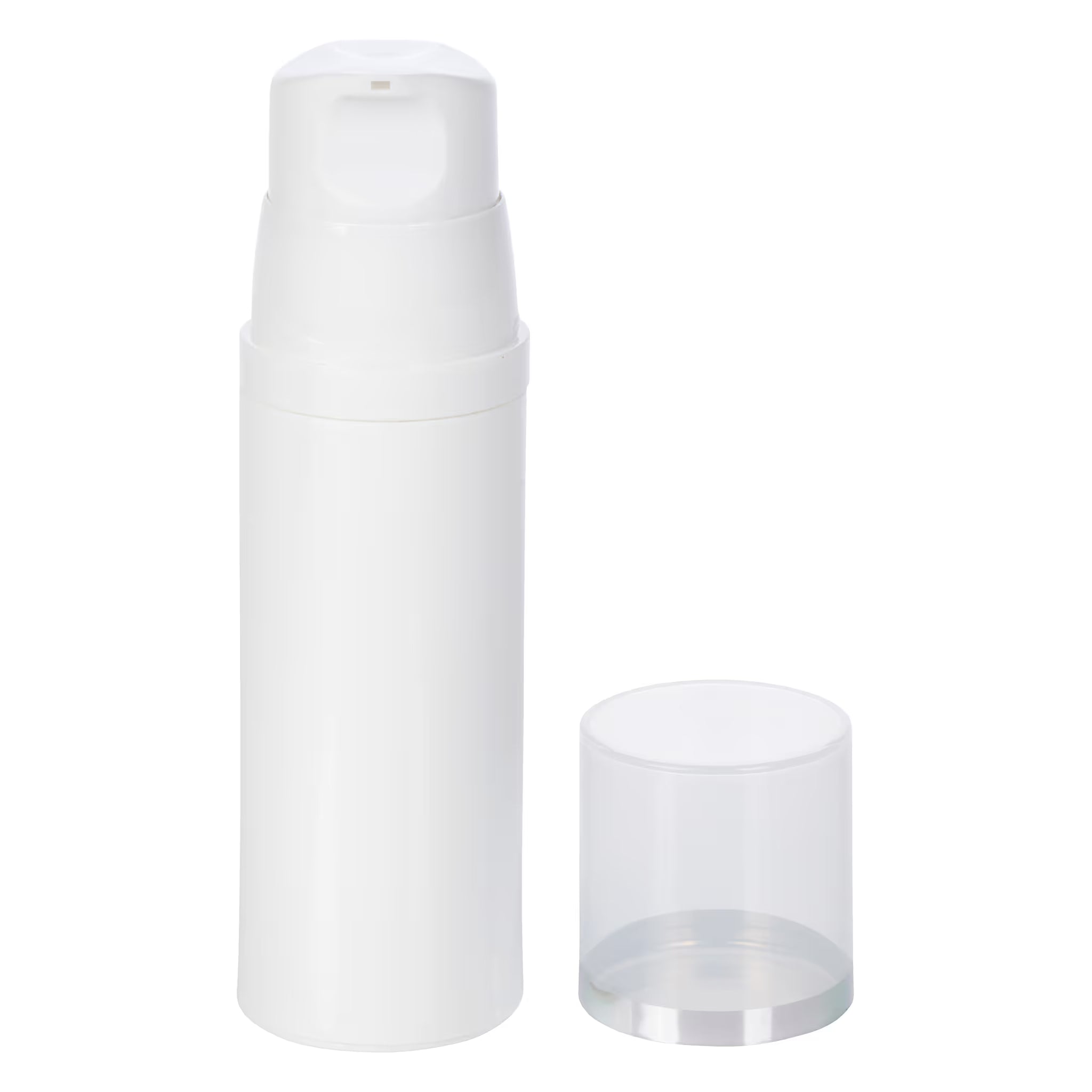 Airless Bottle, Natural Cap with Shiny Silver Band, White Pump, White Body, 80mL