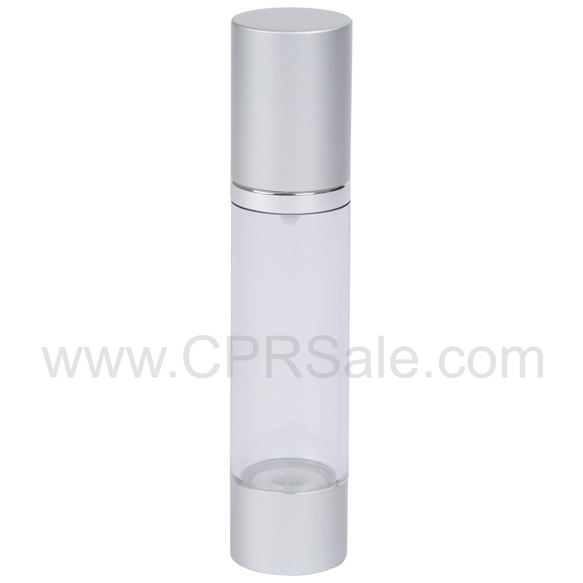 Airless Bottle, Matte Silver Cap, Shiny Silver Collar, Clear Body, 30 mL