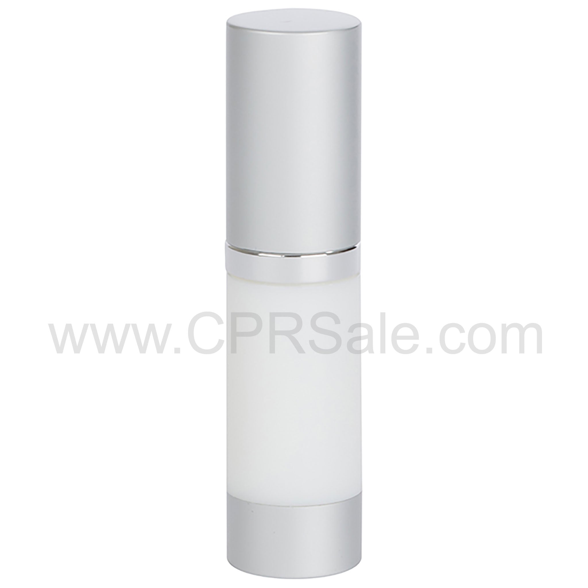 Airless Bottle, Matte Silver Cap, Shiny Silver Collar, White Body, 15 mL