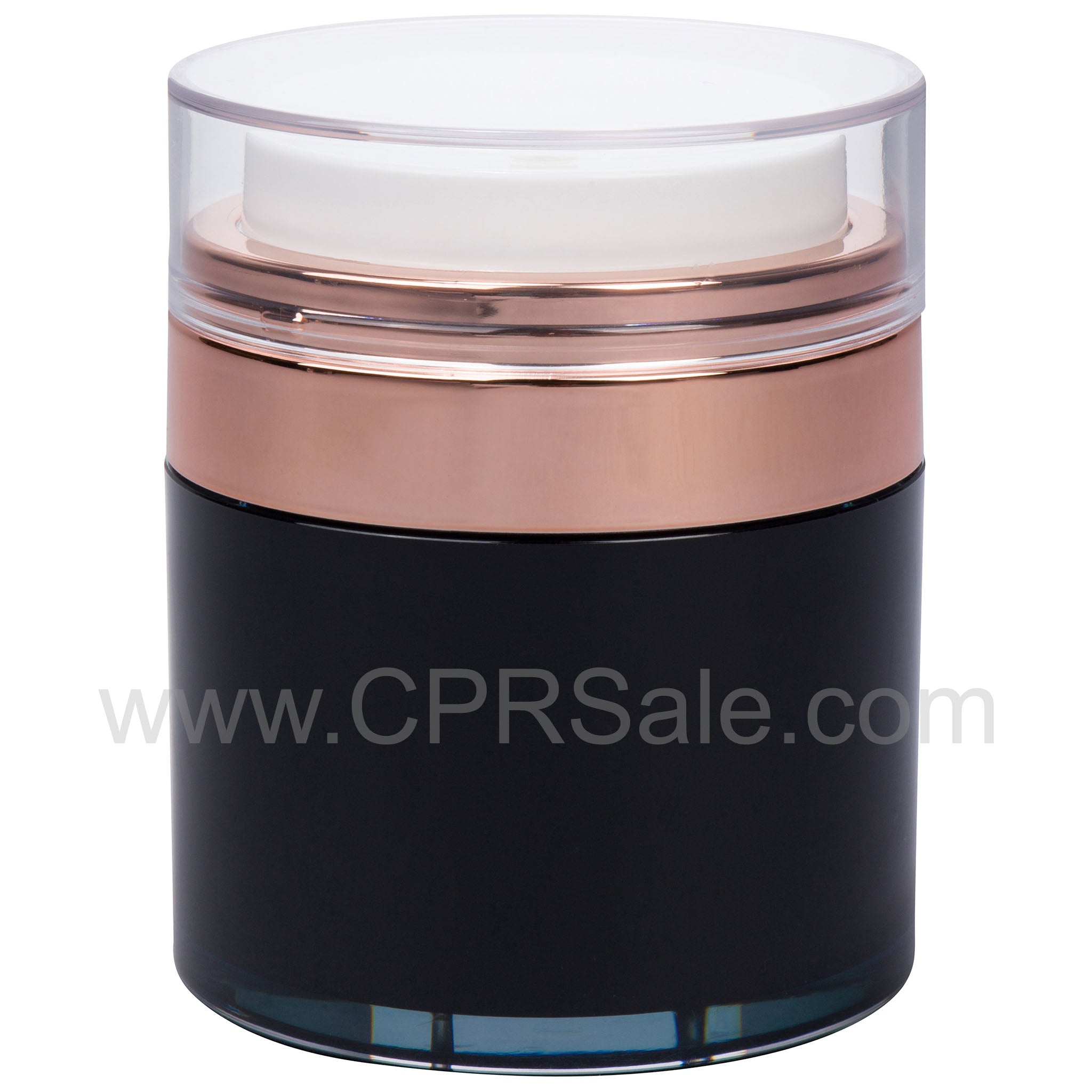 Airless Jar, Clear Cap, White Pump, Rose Gold Collar, Black Body, PP Inner Cup, 30 mL