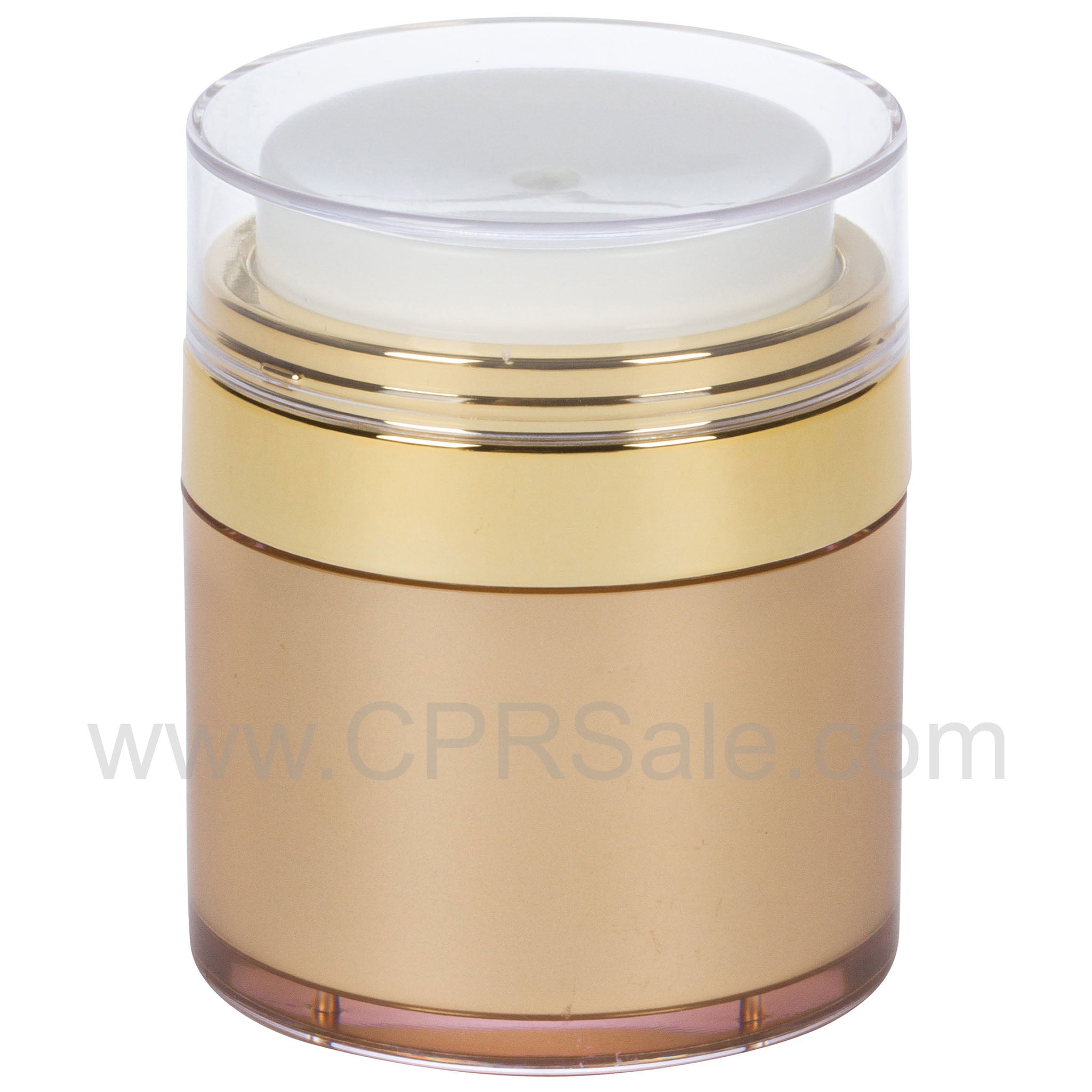 Airless Jar, Clear Cap, Shiny Gold Collar, Gold Body, 50 mL