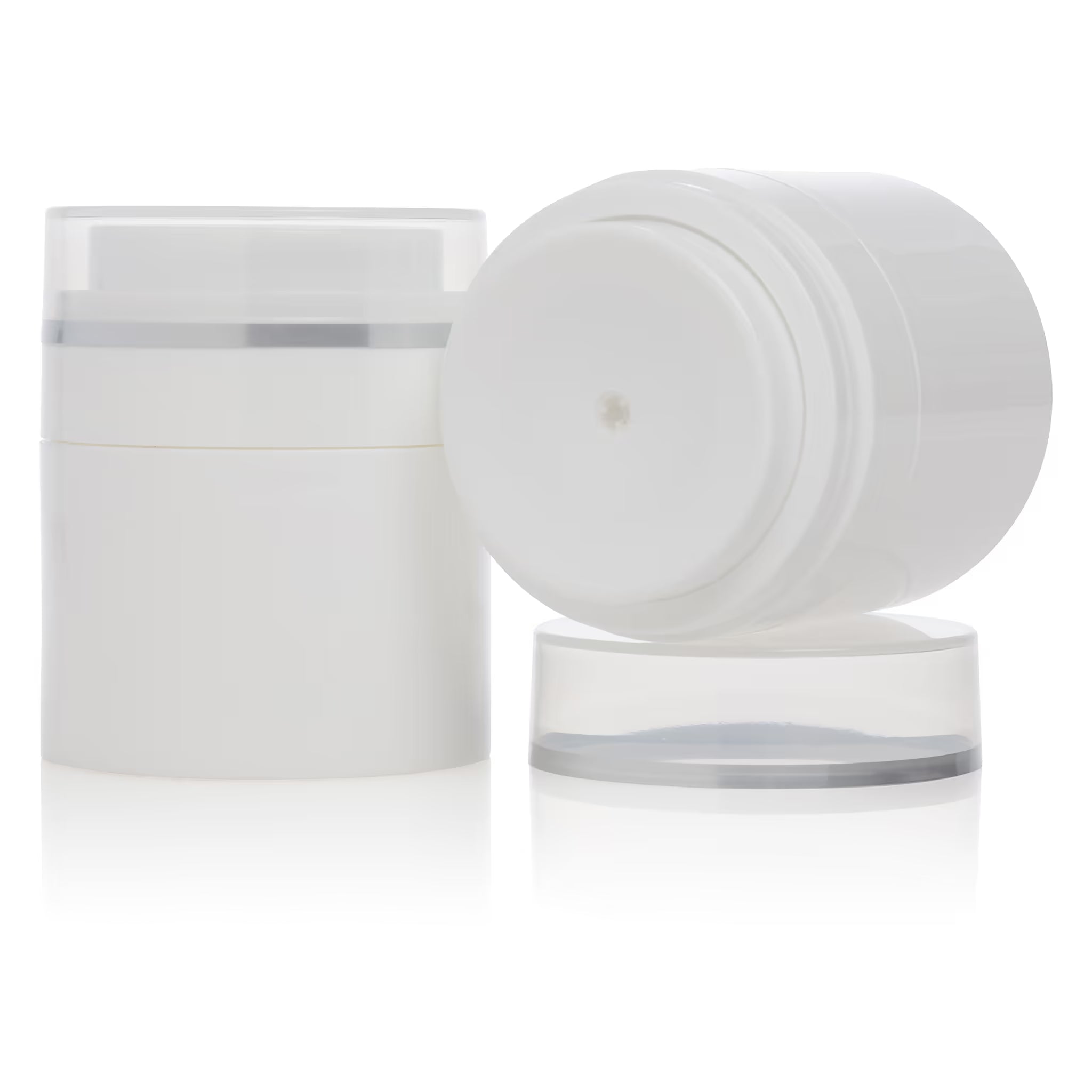 Airless Jar, Natural Cap with Matte Silver Band, White Pump, PP, 50 mL
