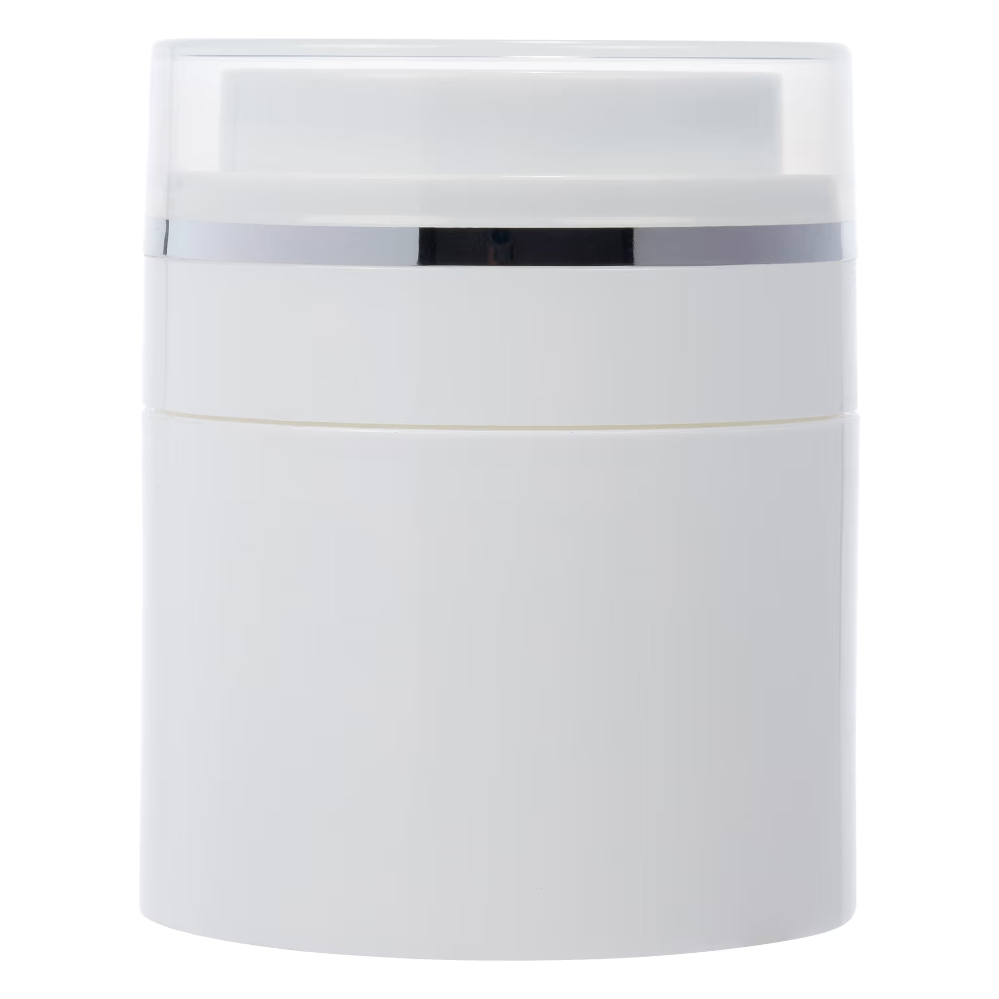 Airless Jar, Natural Cap with Shiny Silver Band, White Pump, PP, 50 mL