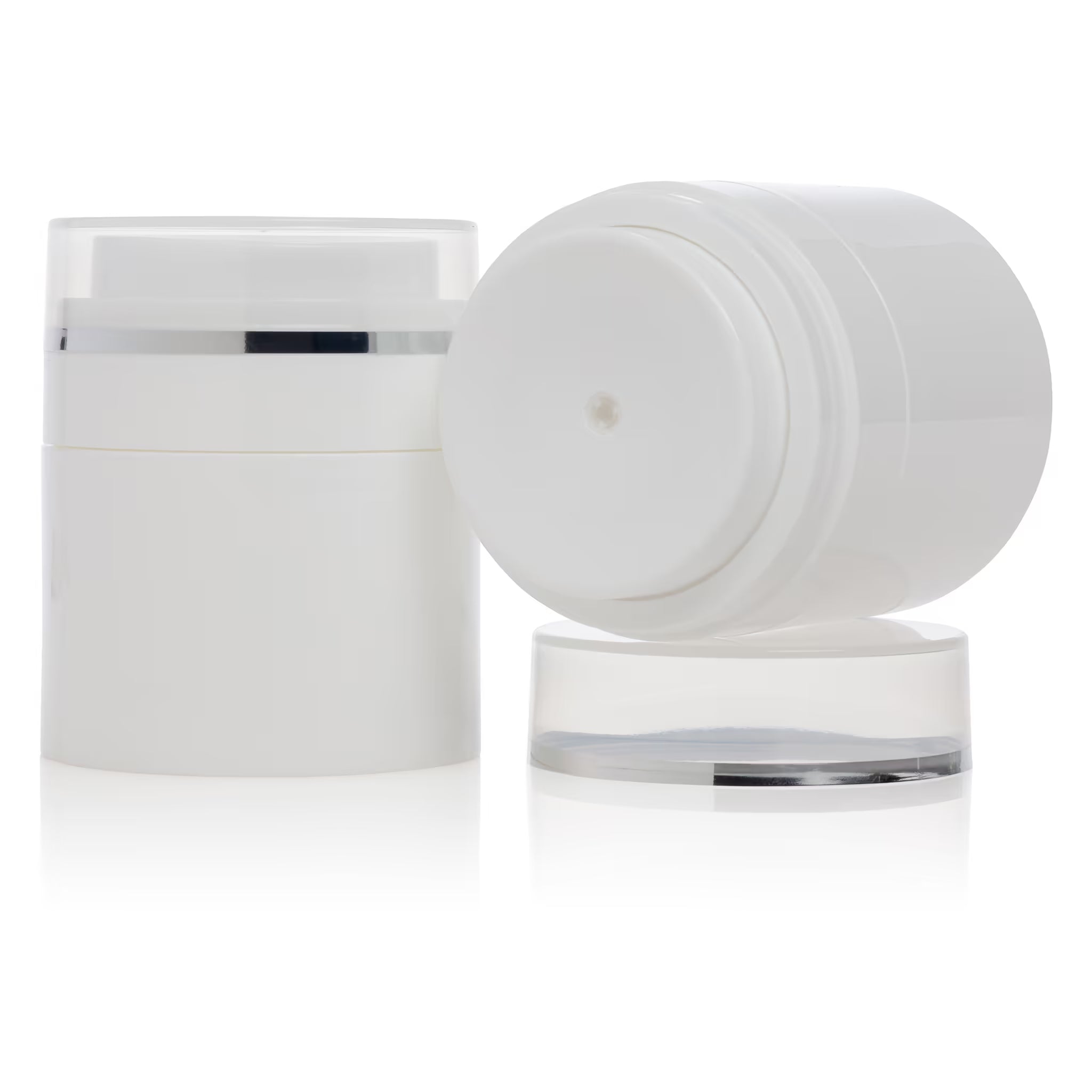 Airless Jar, Natural Cap with Shiny Silver Band, White Pump, PP, 50 mL